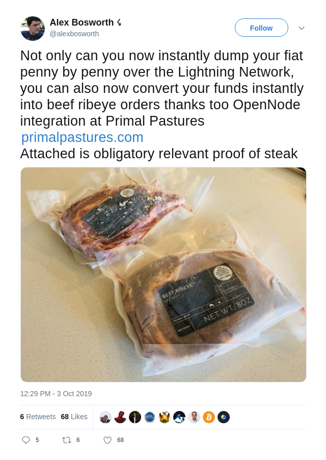 A photo of a tweet by Alex Bosworth of Lightning Labs supporting Primal Pastures